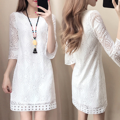 Spring and summer women's fat mm hollow a word skirt in the sleeves of the younger sister's thin lace dress