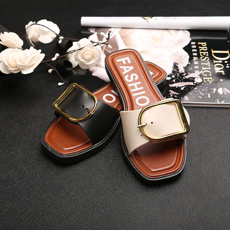 时尚方扣拖鞋女夏季外穿防滑休闲一字拖鞋厚底欧美室外沙滩鞋