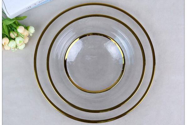 玻璃盘子 外贸厂家电镀金边西餐餐盘糕点盘摆件玻璃盘子