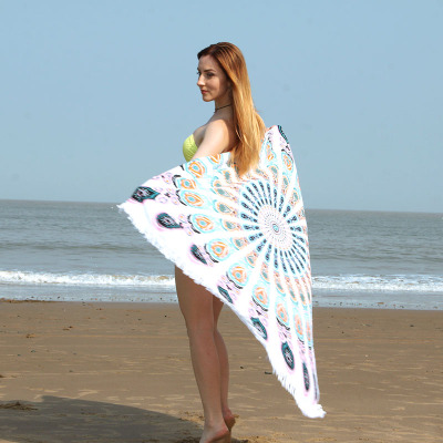 Bohemian Women Shawl White Round Beach Towel Microfiber Blanket Active Printing 