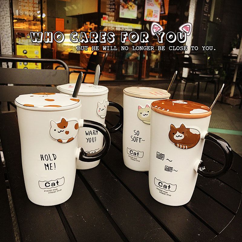 淘宝热卖浮雕猫咪陶瓷杯马克杯带盖带勺水杯子