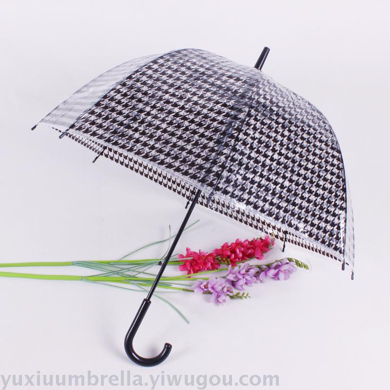 透明PVC自动直杆伞 时尚阿波罗公主伞千鸟格印花女便携雨伞