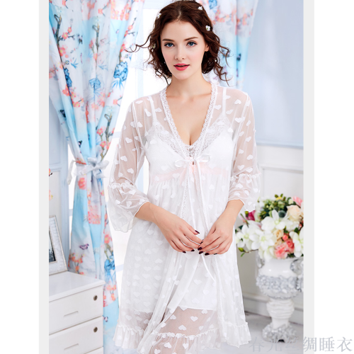 Women‘s Summer Mesh Sexy Lace Sling Chest Pad Outerwear Gown Two-Piece Cotton Home Wear