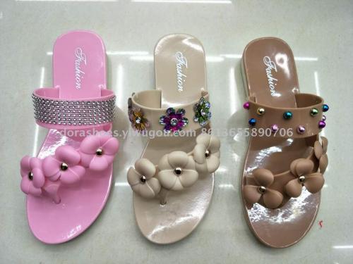 Summer New Women‘s Sandals Colorful Three-Flower Crystal Sandals