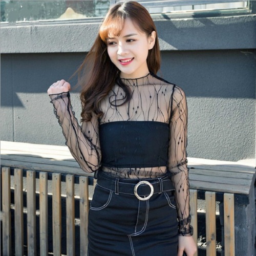 fuzhuo bird lace shirt hollow out inner match sexy summer see-through bottoming shirt mesh t-shirt women‘s clothing