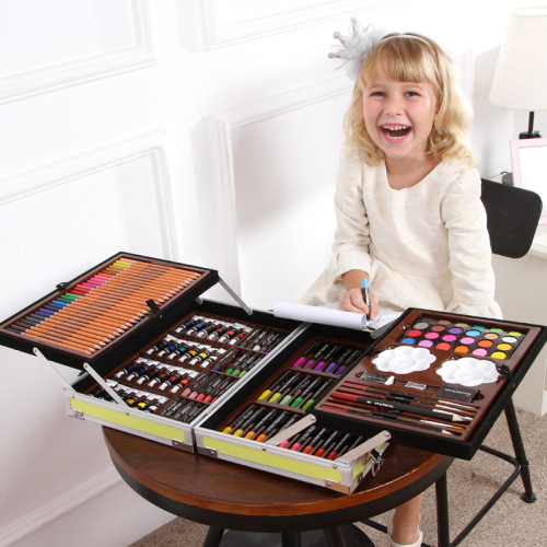 Children‘s Painting Supplies Double Layer Aluminum Box Watercolor Pen Crayon Paint Set Art Training Gift Box
