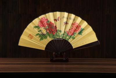 Manufacturer direct shot 10 inch Chinese style folding silk cloth custom fan handle engraved logo advertising fan