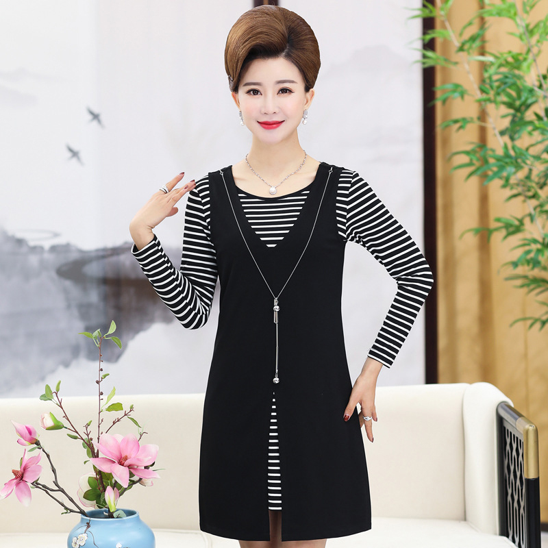 天好服饰新款女装大码中长款妈妈装女士长袖两件套连衣裙