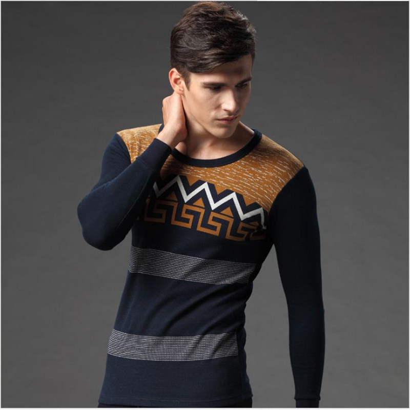 男士纯棉保暖内衣薄款圆领打底棉毛衫中青年基础秋衣秋裤套装