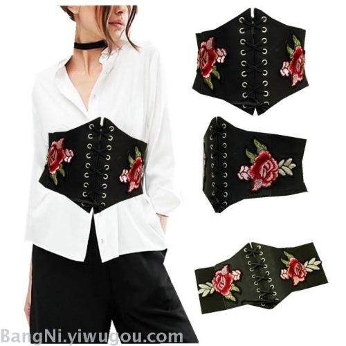 Embroidered Rose Wide Belt Women‘s Dress Decorative Bandage Girdle Girdle Stretch Belt