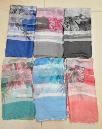 hazy horizontal stripes large flower pattern fashion silk yarn scarf summer shawl color variety