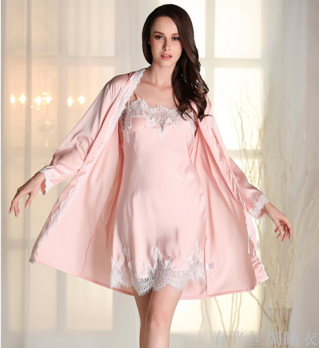 Pajamas Women‘s Autumn and Winter Sexy Artificial Silk Nightdress Long Sleeve Nightgown Set Home Wear 