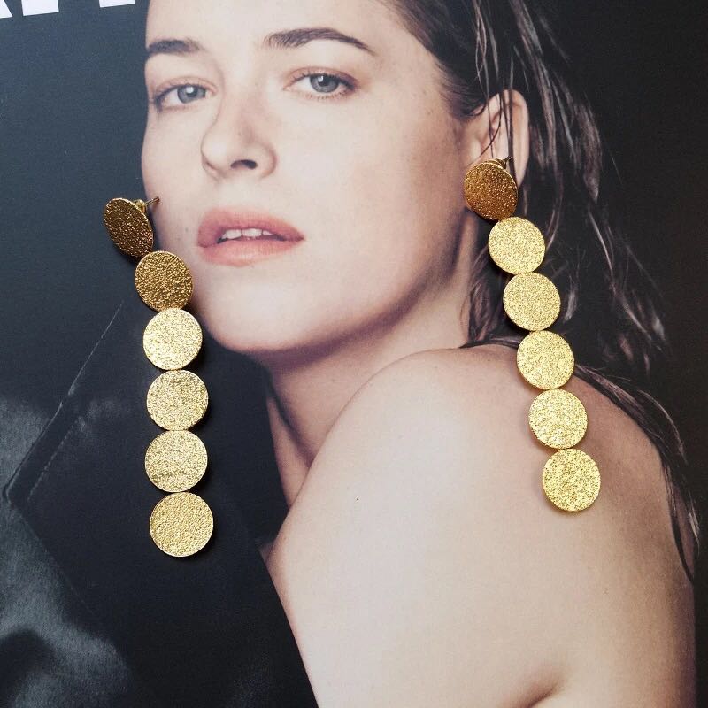 欧美个性夸张金属圆片磨砂长款耳环韩国气质流
