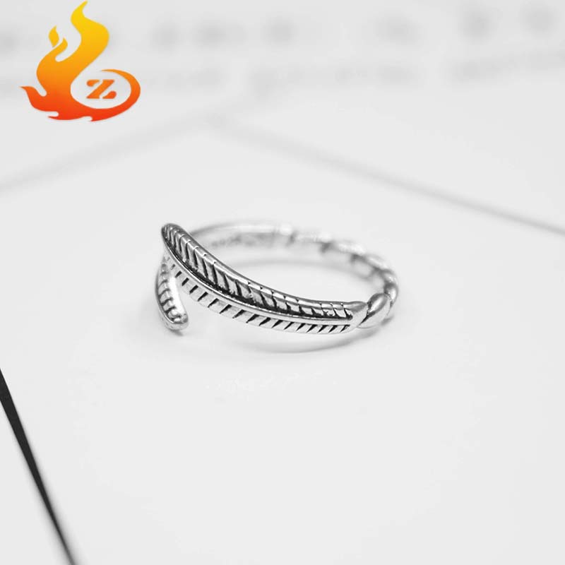 S925纯银双面树叶戒指女食指戒可调节复古羽毛民族风情侣戒指