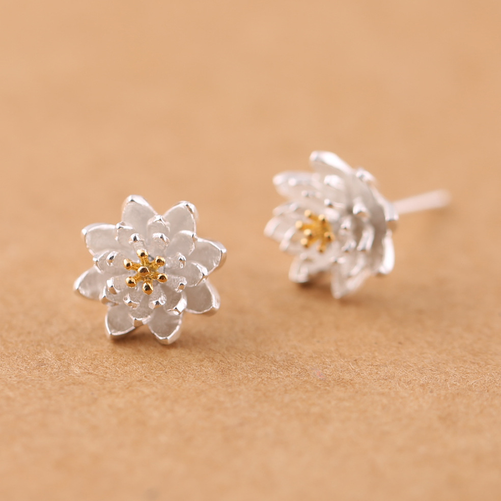 新款s925纯银素银 简约莲花花朵耳饰 日韩百搭耳钉女批发