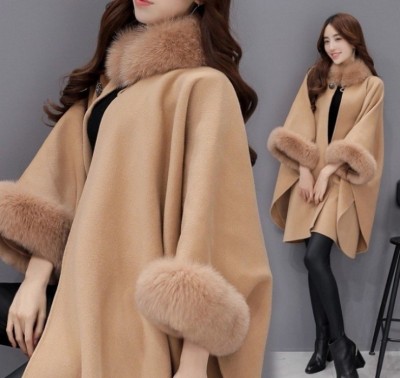 New Korean fox fur collar long long wool plaid coat temperament Cape Shawl Coat Girl