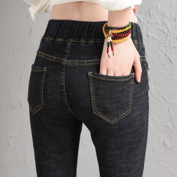 新款女装小脚牛仔裤松紧腰中腰牛仔裤女百搭灰