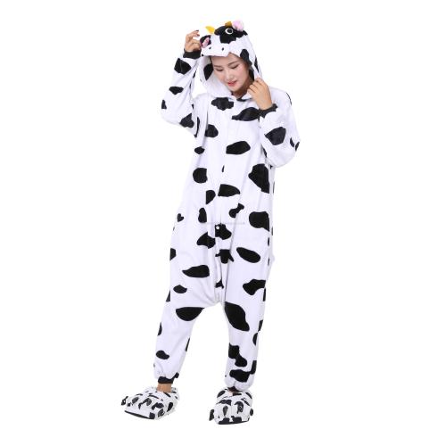 autumn and winter flannel home men‘s and women‘s cute cow cartoon animal one-piece pajamas toilet version