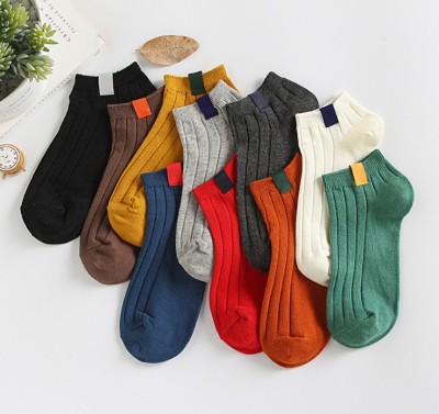 Spring and summer new solid color female standard socks cotton boat socks double needle thick line couple socks
