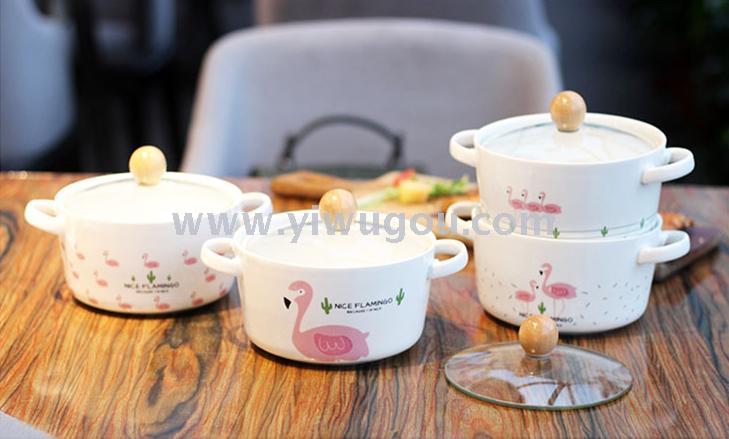 ins北欧火烈鸟方便面碗 陶瓷带玻璃盖泡面碗