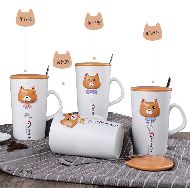 浮雕卡通熊陶瓷杯马克杯水杯子咖啡杯带盖带勺