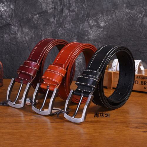 Men‘s First Layer Yellow Cowhide Pin Buckle Belt Stitching Single Layer Cowhide Belt Fashion Casual Men‘s Leather Belt