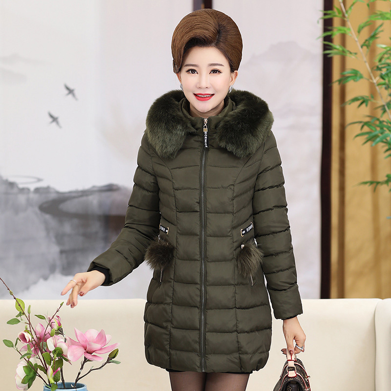 妈妈装保暖羽绒中长款棉服冬季新款中老年女装纯色收腰棉衣外套