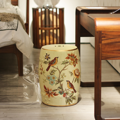 Hand-painted flowers and birds ceramic drum stool for shoes and stool for furniture decoration