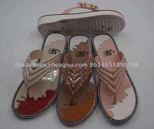 foreign trade pvc blowing new women‘s slippers around diamond flip-flops nail diamond camouflage midsole