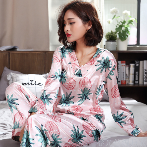 spring and summer new korean style pajamas pineapple striped big brand women‘s silk pajamas set