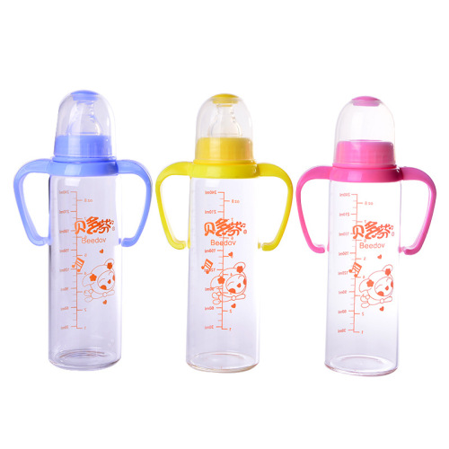 Retail Anti-Fall Standard Glass Baby Bottle Borosilicate Glass Bottle Wholesale with Handle Anti-Fall Glass Bottle