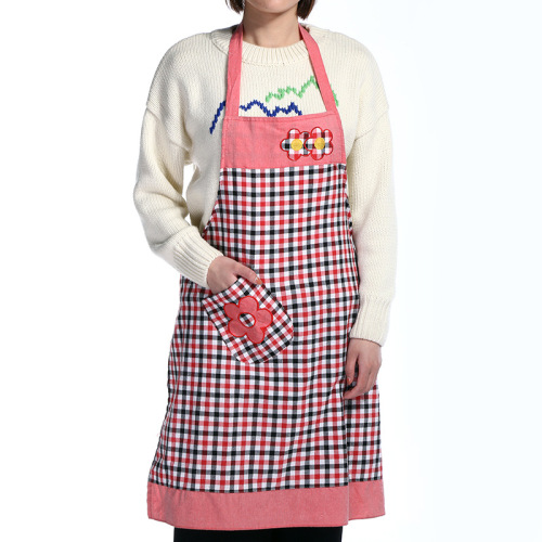 small flower pattern plaid antifouling oil-proof multi-functional apron with pocket household kitchen private custom apron wholesale