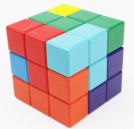 彩色立方体木制智力解锁拼装积木玩具 正方体 七粒立方体 挑战iq