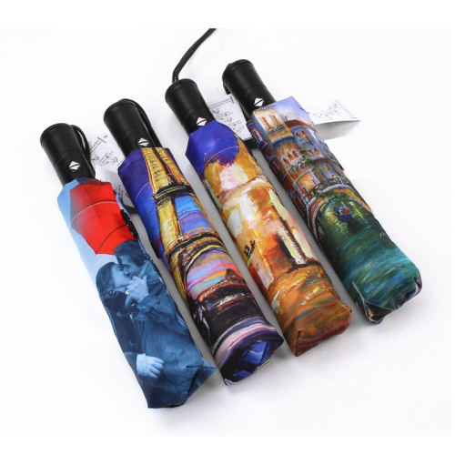 business european and american foreign original single tri-fold umbrella automatic opening and closing heat transfer printing folding landscape oil painting pattern umbrella