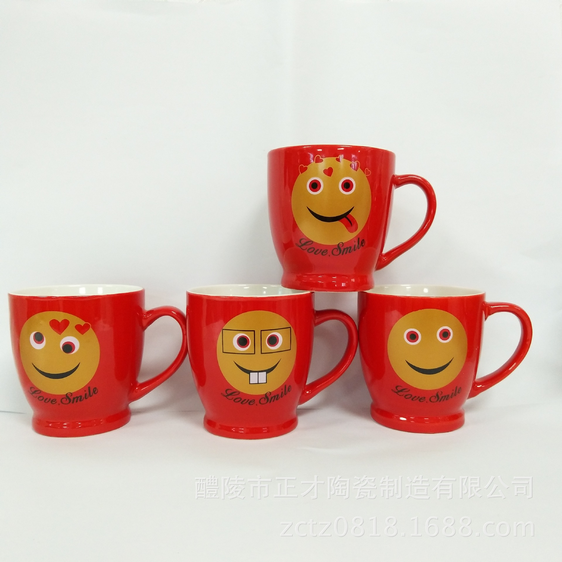 2018新款笑脸组合广告陶瓷杯，红色马克杯，咖啡杯，广告促销杯