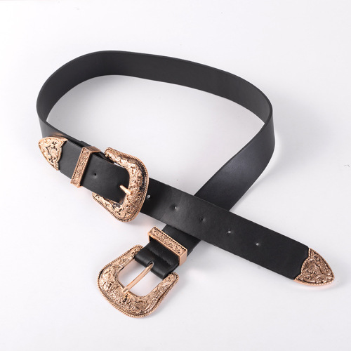 Women‘s New Belt Alloy Double Buckle Pants Belt japanese and Korean Casual All-Match Pu Women‘s Belt Wholesale and Direct Sales