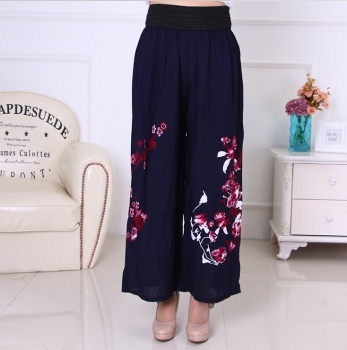 中老年全棉九分阔腿裤印花高腰休闲裙裤黄腰带