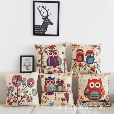 Factory direct selling cartoon owl with pillow cover cross border hot style cotton print sofa cushion office headrest.