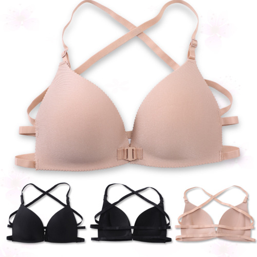 Hot Sale Wireless Thin Mold Cup Front Button Gathering Bra Cross Beauty Back Sexy Backless Seamless Underwear for Women