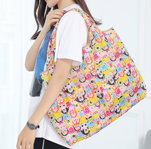 New Korean Cartoon Shopping Bag Folding Eco-friendly Bag Polyester Large Two-in-One Folding Shopping Bag