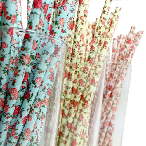 Kraft Paper Straw Disposable Drink Paper Straw Party Decoration Rose Pattern Straw