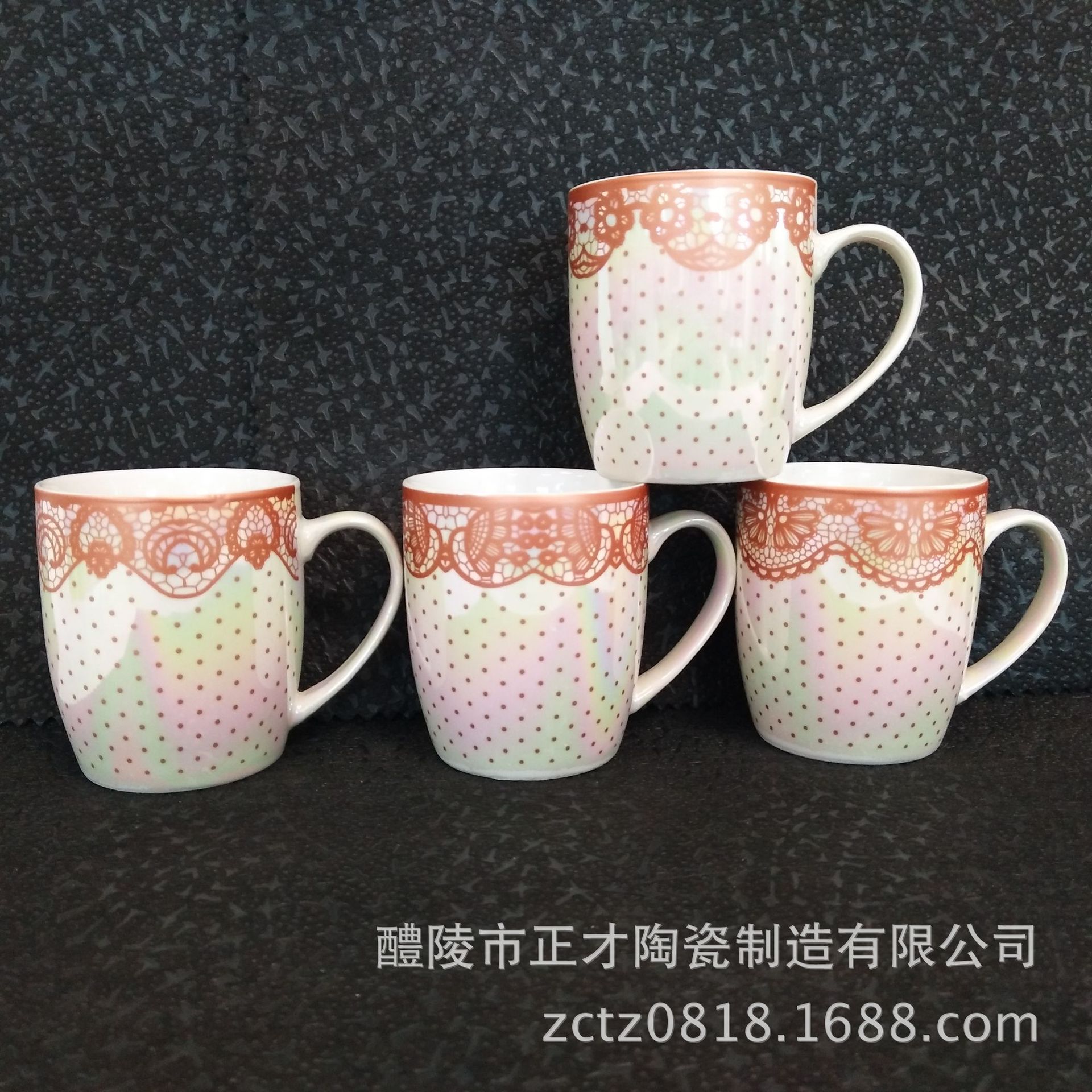 新品七彩釉小鼓形杯蕾丝边花设计陶瓷马克杯，咖啡杯，定制广告杯