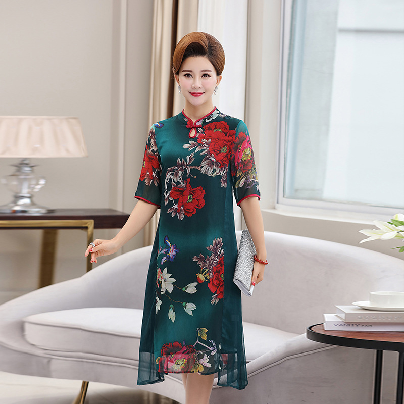 女装新款真丝缎连衣裙中年妈妈装夏装宽松大码短袖桑蚕丝裙子