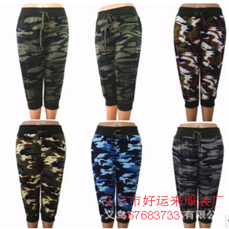 2018爆款中老年女士七分裤打底裤迷彩抽绳休