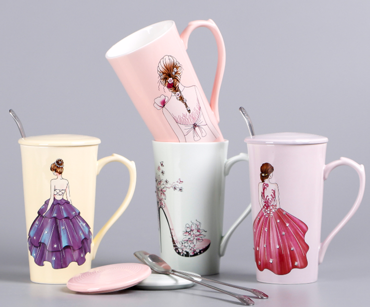 创意少女粉色杯 可爱杯女生杯子带盖子勺马克杯镶钻礼品杯