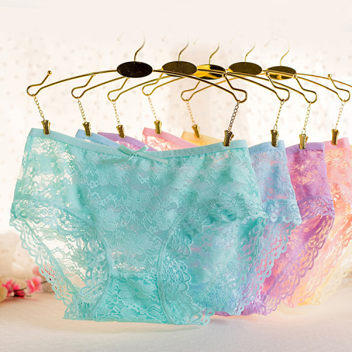 women‘s underwear sexy translucent jacquard bow hollow lace mid waist briefs yibeiqi