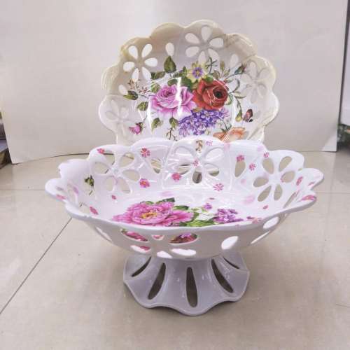 Melamine Tableware Wholesale Imitation Porcelain Lace High-Legged Fruit Basket New Year Candy Wedding Fruit Plate 