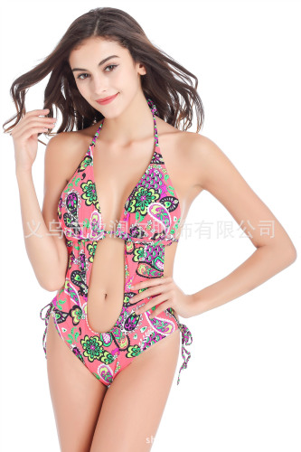 Swimsuit Foreign Trade New Printed Open Belly Sexy Slimming One-Piece Bikini Nylon Quality Factory Direct Sales 
