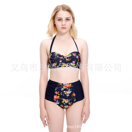 Foreign Trade New European and American High Waist Bikini Big Flower Women‘s Swimsuit Steel Support Gathered to Cover Belly Amazon Internet Celebrity