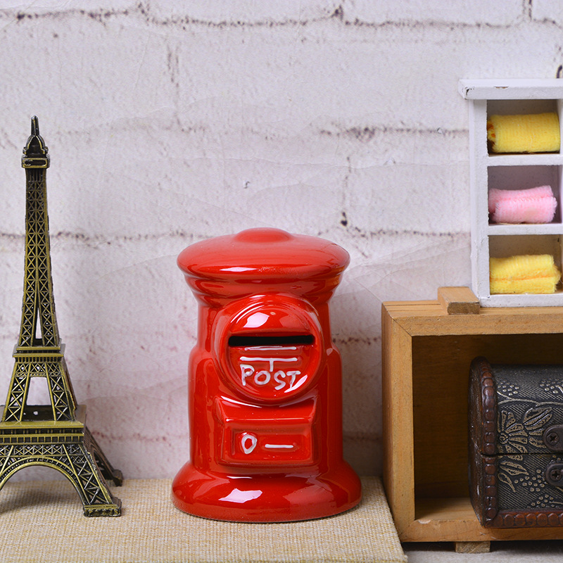 创意陶瓷工艺品 红色时尚小号邮桶存钱罐家居摆件存储罐 厂家直销